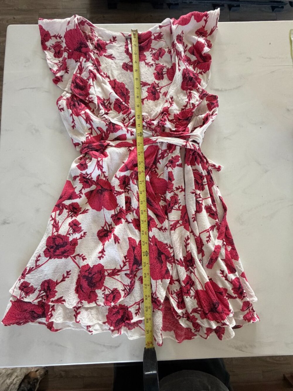 Free People Floral Wrap Mini Dress Medium White Pink Ruffle Boho - Picture 4 of 9